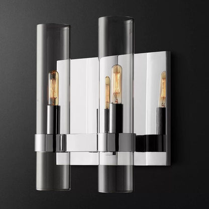 Industrial Glass Cylinder Wall Sconce with Metal Band, Dimmable LED Candle-Style Bulb, Brass & Glass 12-23 in Heights