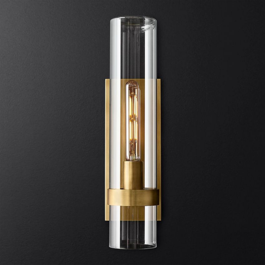 Industrial Glass Cylinder Wall Sconce with Metal Band, Dimmable LED Candle-Style Bulb, Brass & Glass 12-23 in Heights