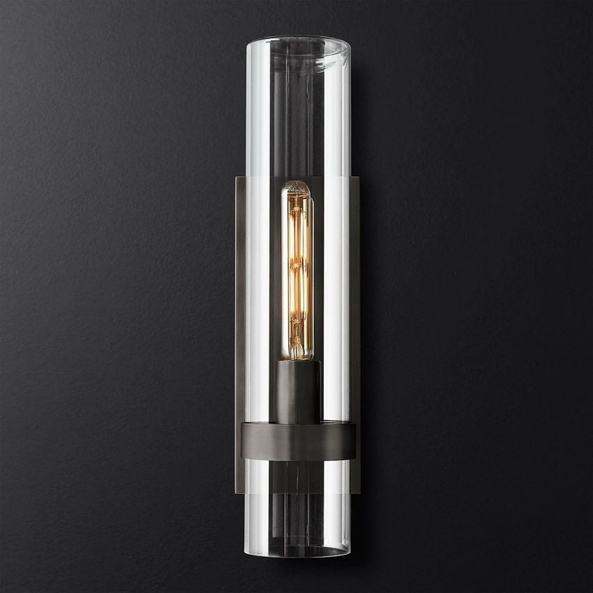 Industrial Glass Cylinder Wall Sconce with Metal Band, Dimmable LED Candle-Style Bulb, Brass & Glass 12-23 in Heights