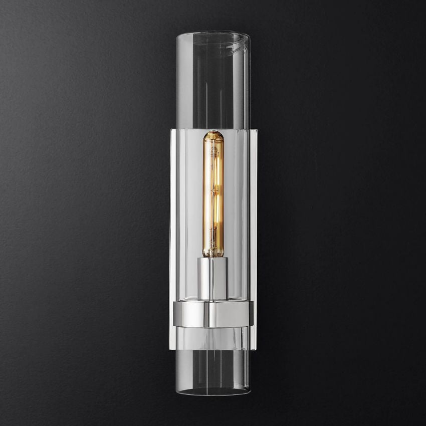Industrial Glass Cylinder Wall Sconce with Metal Band, Dimmable LED Candle-Style Bulb, Brass & Glass 12-23 in Heights