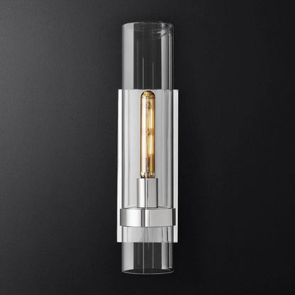 Industrial Glass Cylinder Wall Sconce with Metal Band, Dimmable LED Candle-Style Bulb, Brass & Glass 12-23 in Heights