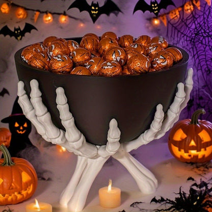 Spooktacular Halloween Candy Bowl - Matte Black Plastic with Detachable Skeleton Hands