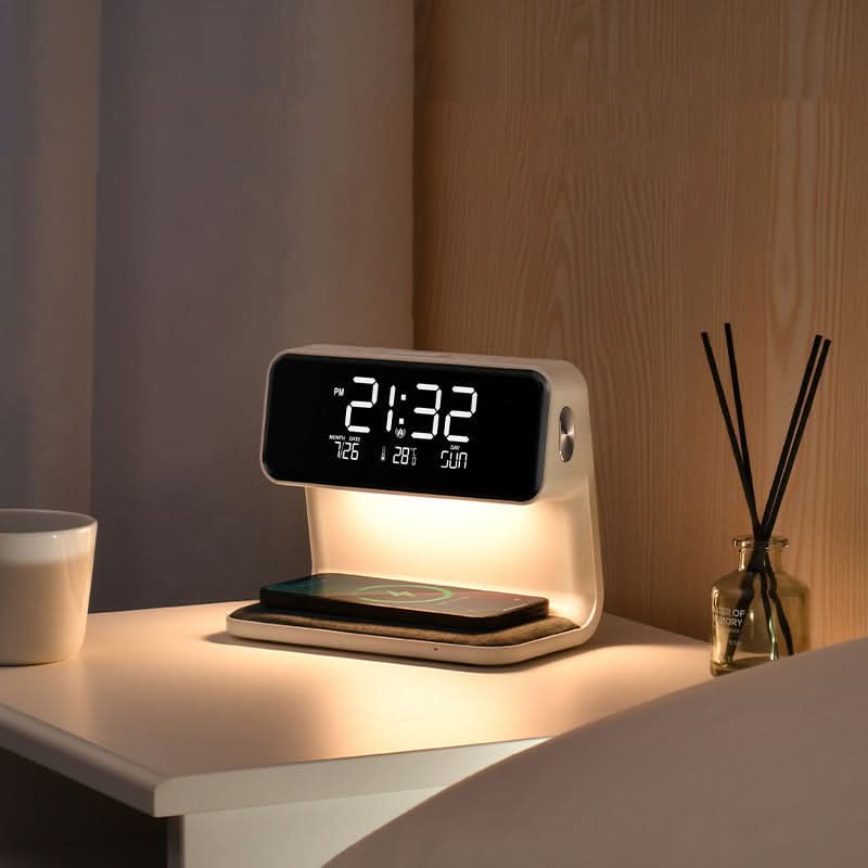 Touch Control Nightstand Lamp with Wireless Charging Station and Digital Alarm Clock for Bedroom | Dimmable LED Light | White ABS Desktop Or