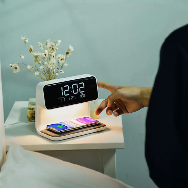 Touch Control Nightstand Lamp with Wireless Charging Station and Digital Alarm Clock for Bedroom | Dimmable LED Light | White ABS Desktop Or