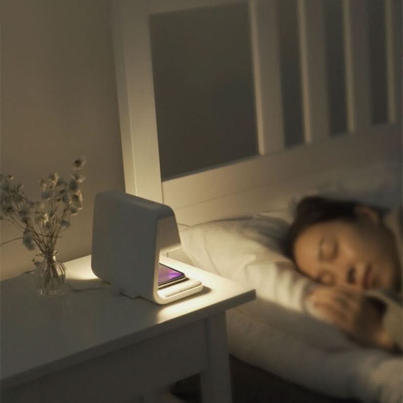 Touch Control Nightstand Lamp with Wireless Charging Station and Digital Alarm Clock for Bedroom | Dimmable LED Light | White ABS Desktop Or