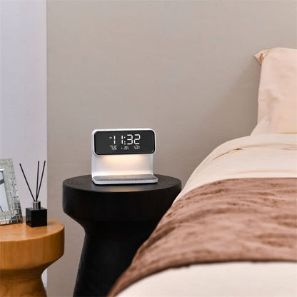Touch Control Nightstand Lamp with Wireless Charging Station and Digital Alarm Clock for Bedroom | Dimmable LED Light | White ABS Desktop Or