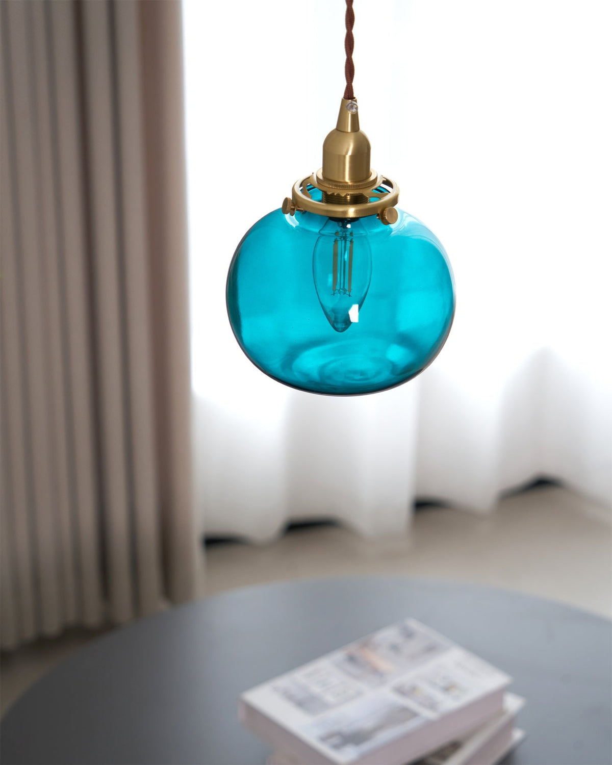 Glass Globe Hanging Lamp 5 in Diameter Vintage Brass Fixture Height Adjustable Wire Ceiling Suspension for Kitchen Dining Room Entryway Nook