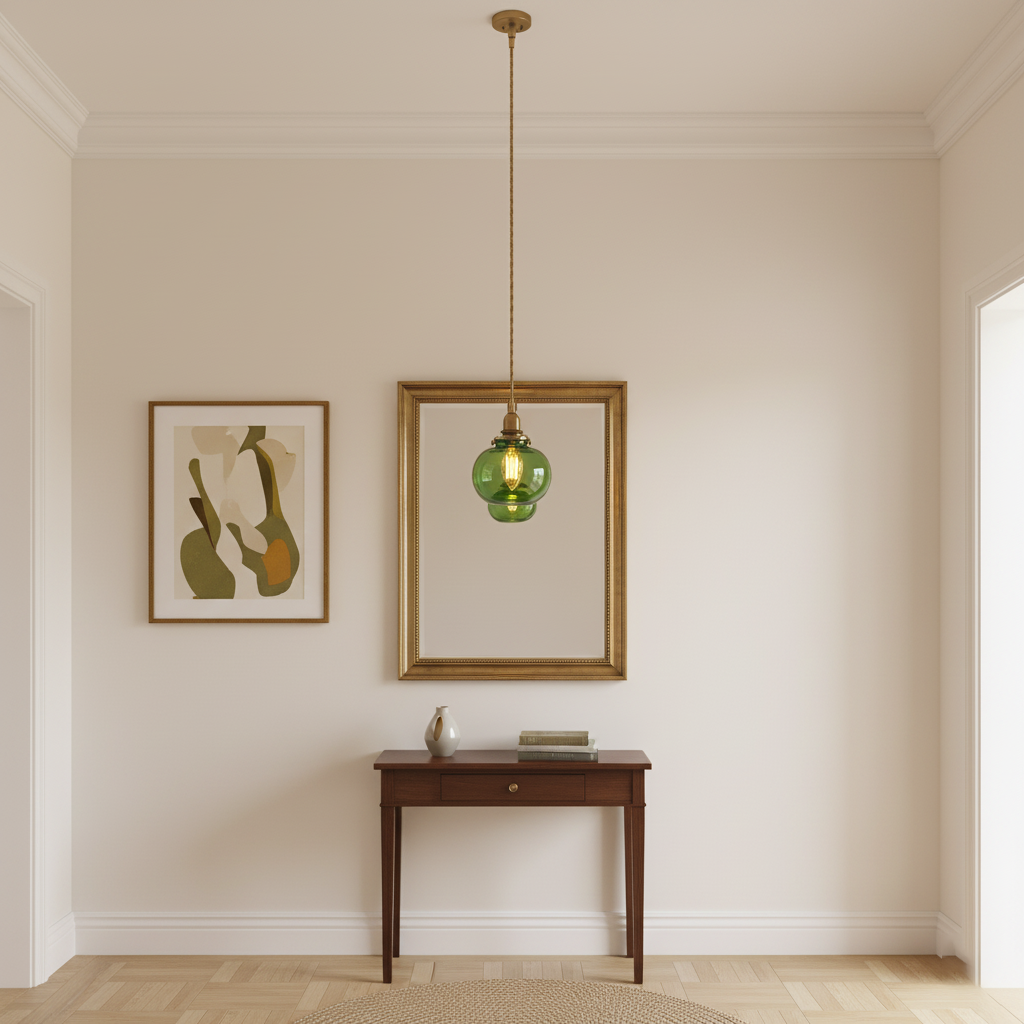 Glass Globe Hanging Lamp 5 in Diameter Vintage Brass Fixture Height Adjustable Wire Ceiling Suspension for Kitchen Dining Room Entryway Nook