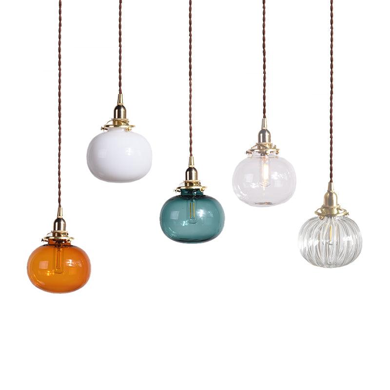 Glass Globe Hanging Lamp 5 in Diameter Vintage Brass Fixture Height Adjustable Wire Ceiling Suspension for Kitchen Dining Room Entryway Nook