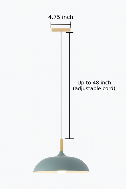 Wood & Metal Dome Shade Hanging Light 14 in Pastel Finish for Kitchen Island Dining Room Nursery Workspace E27 Socket Adjustable Height Cord
