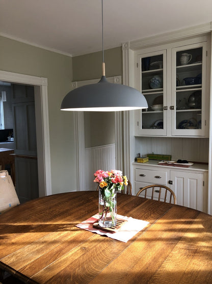 Wood & Metal Dome Shade Hanging Light 14 in Pastel Finish for Kitchen Island Dining Room Nursery Workspace E27 Socket Adjustable Height Cord