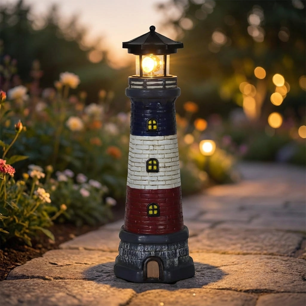 Solar Lighthouse Ornament LED Rotating Beacon Outdoor Pathway Marker Nautical Yard Decoration Wireless Garden Accent 14.6 in Coastal Landsca