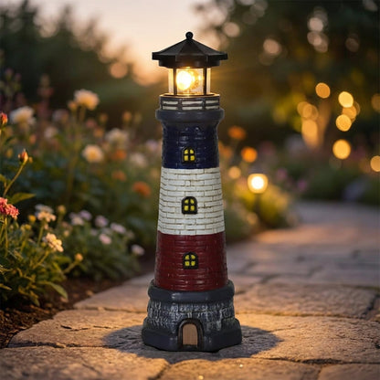 Solar Lighthouse Ornament LED Rotating Beacon Outdoor Pathway Marker Nautical Yard Decoration Wireless Garden Accent 14.6 in Coastal Landsca