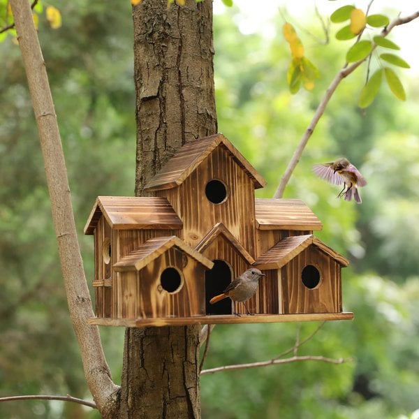 Multi-Chamber Wooden Bird Nest Box with Hanging Rope for Yard & Patio Décor – Handcrafted Natural Shelter for Small Birds