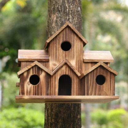 Multi-Chamber Wooden Bird Nest Box with Hanging Rope for Yard & Patio Décor – Handcrafted Natural Shelter for Small Birds
