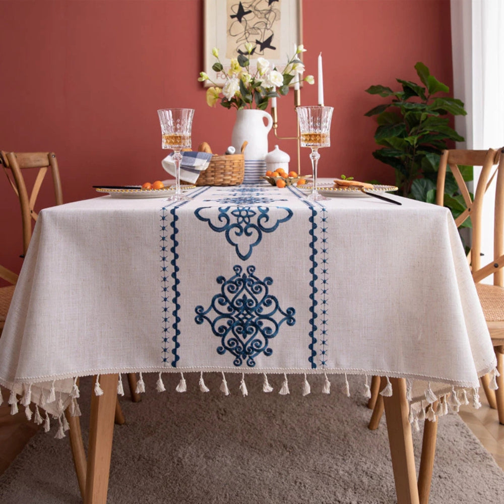 Sorella Embroidered Tablecloth - Microfiber-Linen Blend, Elegant Design