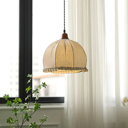 Hanging Ceiling Light Fixture with Fabric Shade 12 Inch Natural Wood Drum Pendant for Dining Room Kitchen Island Bedroom E26 Socket Adjustab