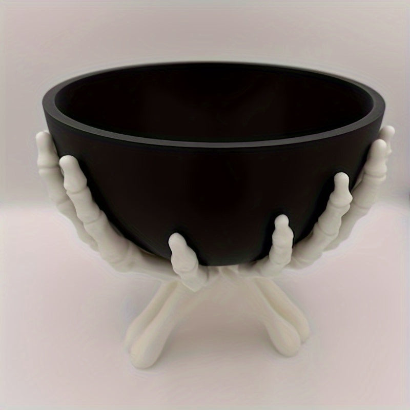 Spooktacular Halloween Candy Bowl - Matte Black Plastic with Detachable Skeleton Hands