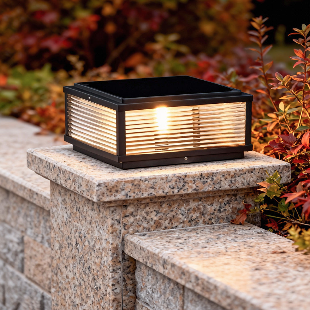 Square Pillar Light with Ribbed Glass Shade – Durable Outdoor Lighting for Landscape and Pathways