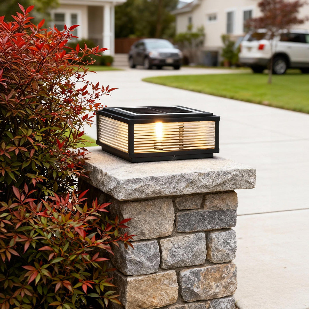 Square Pillar Light with Ribbed Glass Shade – Durable Outdoor Lighting for Landscape and Pathways