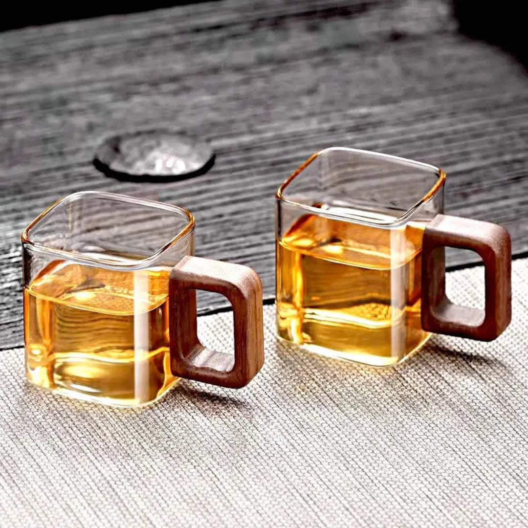 Transparent Heat-Resistant Coffee Mug with Wood Grip for Single Shots & Tea 3 oz