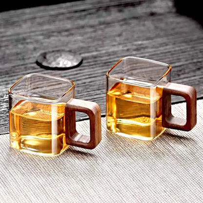 Transparent Heat-Resistant Coffee Mug with Wood Grip for Single Shots & Tea 3 oz