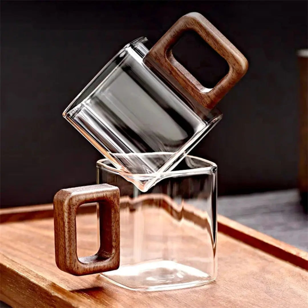 Transparent Heat-Resistant Coffee Mug with Wood Grip for Single Shots & Tea 3 oz