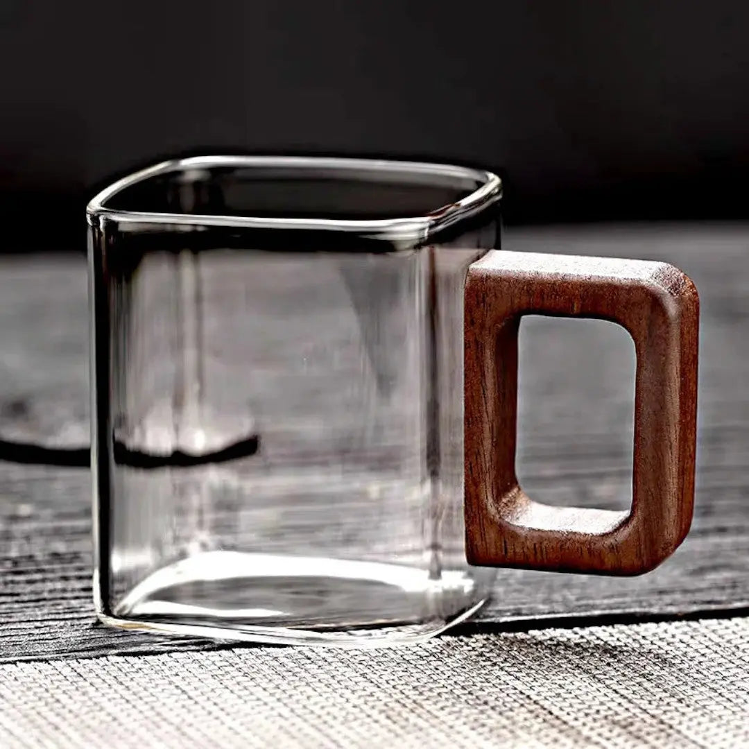 Transparent Heat-Resistant Coffee Mug with Wood Grip for Single Shots & Tea 3 oz