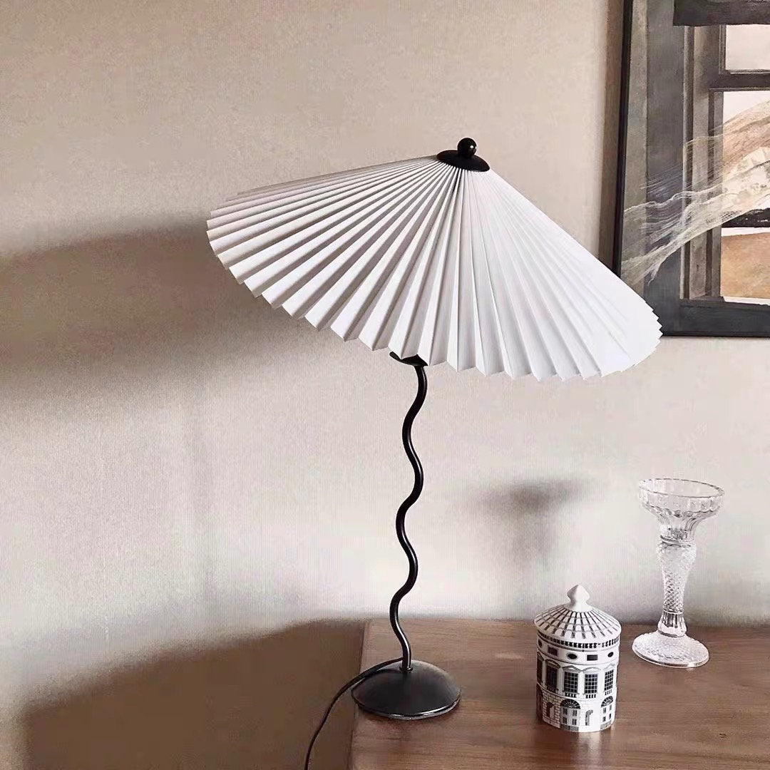 Sculptural Desk Lamp with Gathered Shade & Arc Base 17-inch Beige White Green Black Nightstand Light for Bedroom Living Room Accent