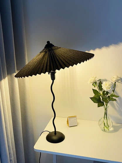 Sculptural Desk Lamp with Gathered Shade & Arc Base 17-inch Beige White Green Black Nightstand Light for Bedroom Living Room Accent