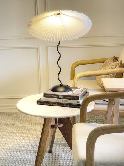 Sculptural Desk Lamp with Gathered Shade & Arc Base 17-inch Beige White Green Black Nightstand Light for Bedroom Living Room Accent
