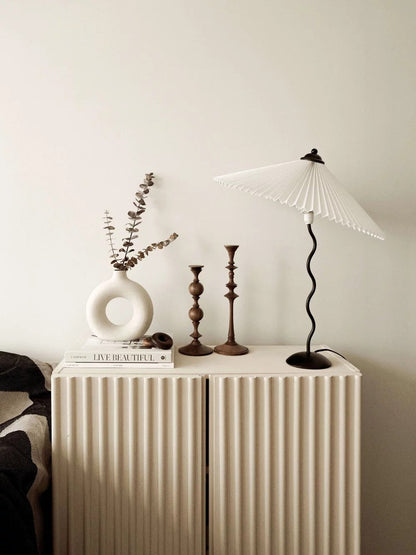 Sculptural Desk Lamp with Gathered Shade & Arc Base 17-inch Beige White Green Black Nightstand Light for Bedroom Living Room Accent