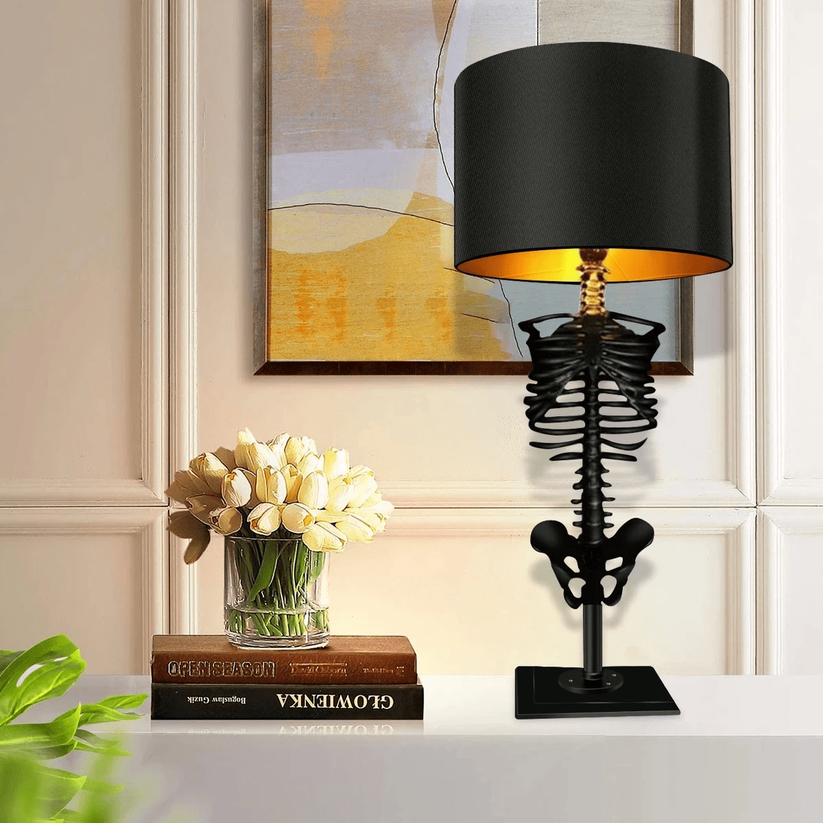 Resin Skeleton Desk Lamp 13.8 in Black Gothic Bedside Accent Light Warm Atmospheric Mood Lighting for Reading Corner Home Office Bedroom Dec