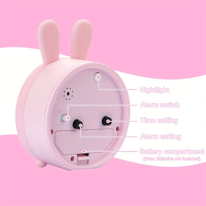 Kids Alarm Clock with Nightlight – Bunny Silent Bedside Clock for Children's Bedroom, Sleep Training Time Display, Soft LED Glow, Battery