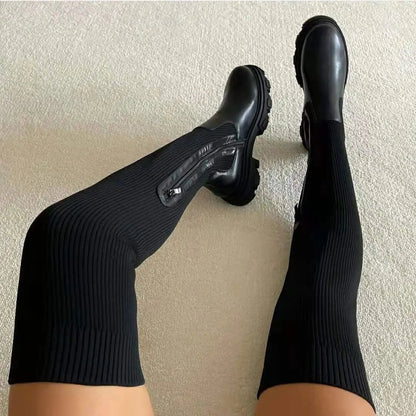 Women's Knee-High Fabric Boots Flexible Knit Upper Slip-On Design Fall Winter Footwear for Casual & Dressy Outfits