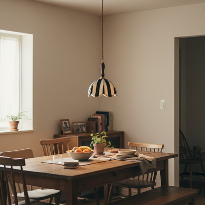 Hanging Ceiling Light with Tulip-Style Striped Shade 7.9 in Diameter Adjustable Wood Accent for Kitchen Dining Room Reading Nook Breakfast A