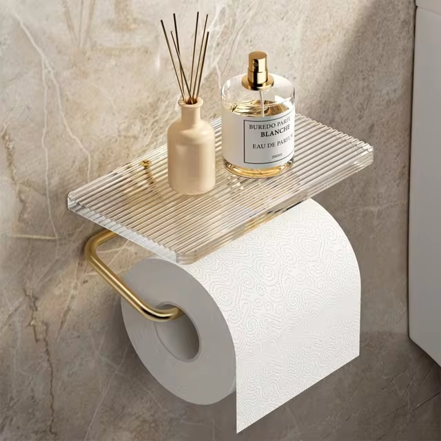 Stylish Toilet Roll Holder with Shelf – Modern Bathroom Accessory in Polished Metal