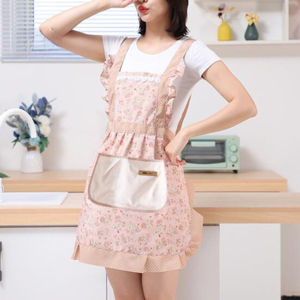 Delantal de cocina de algodón con estampado floral y bolsillos: delantal de cocina impermeable y resistente al aceite para mujer: delantal de chef ajustable para el hogar y restaurantes