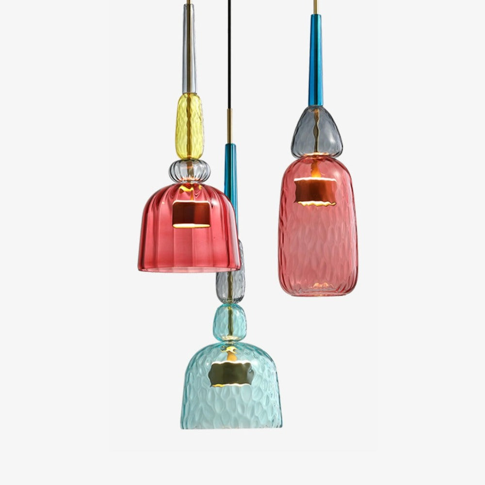 Hanging Glass Shade Fixture with LED Bulb – Adjustable Height Iron Ceiling Light for Kitchen Island Dining Room Bedroom – 6 in Colored Glass