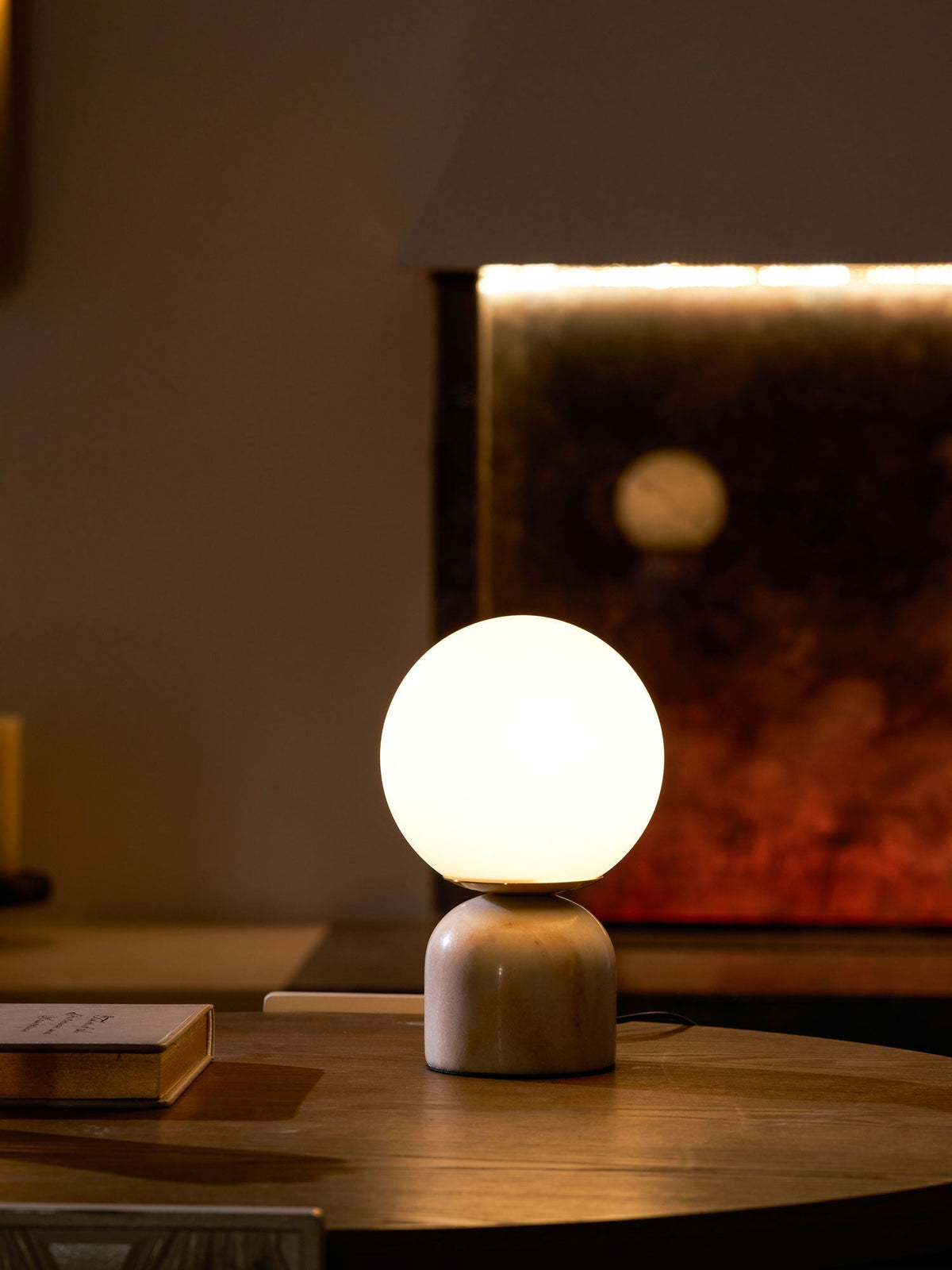 Spherical Glass Globe Accent Lamp with Natural Stone Base for Desk, Nightstand & Side Table | Modern Minimalist Home Lighting Fixture