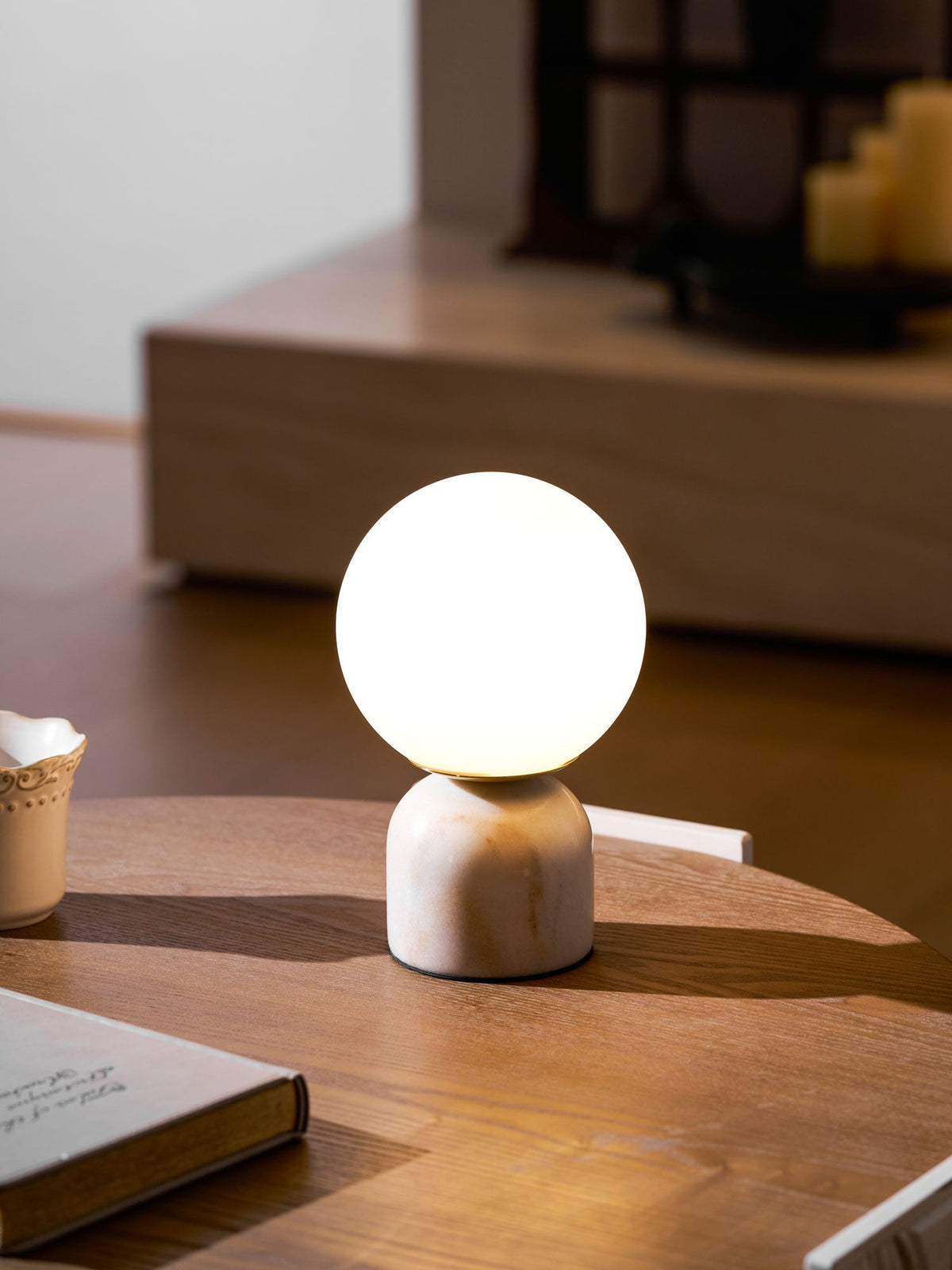 Spherical Glass Globe Accent Lamp with Natural Stone Base for Desk, Nightstand & Side Table | Modern Minimalist Home Lighting Fixture