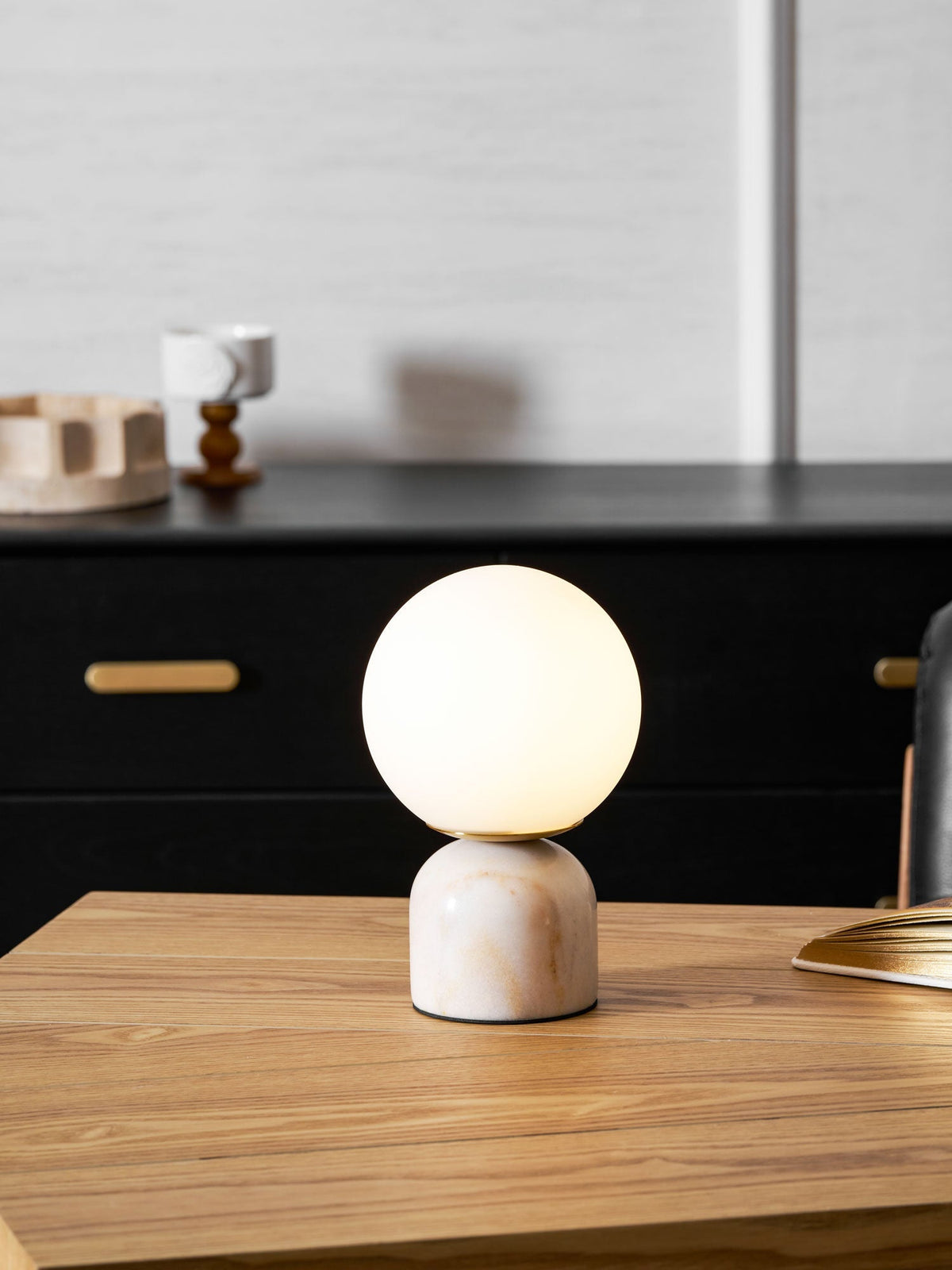 Spherical Glass Globe Accent Lamp with Natural Stone Base for Desk, Nightstand & Side Table | Modern Minimalist Home Lighting Fixture