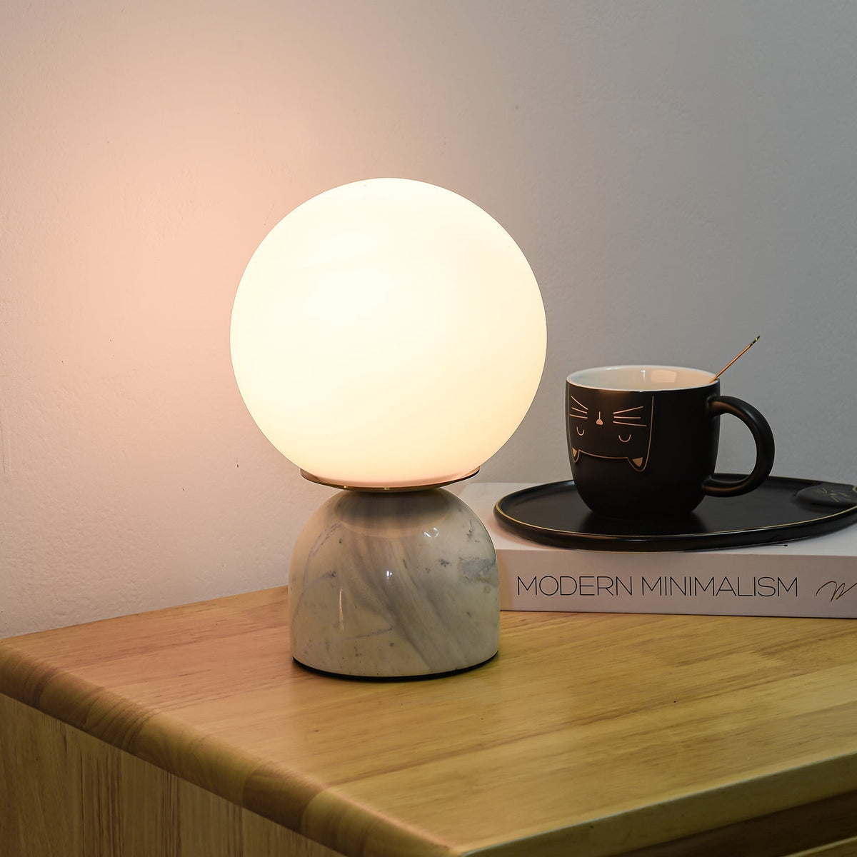 Spherical Glass Globe Accent Lamp with Natural Stone Base for Desk, Nightstand & Side Table | Modern Minimalist Home Lighting Fixture
