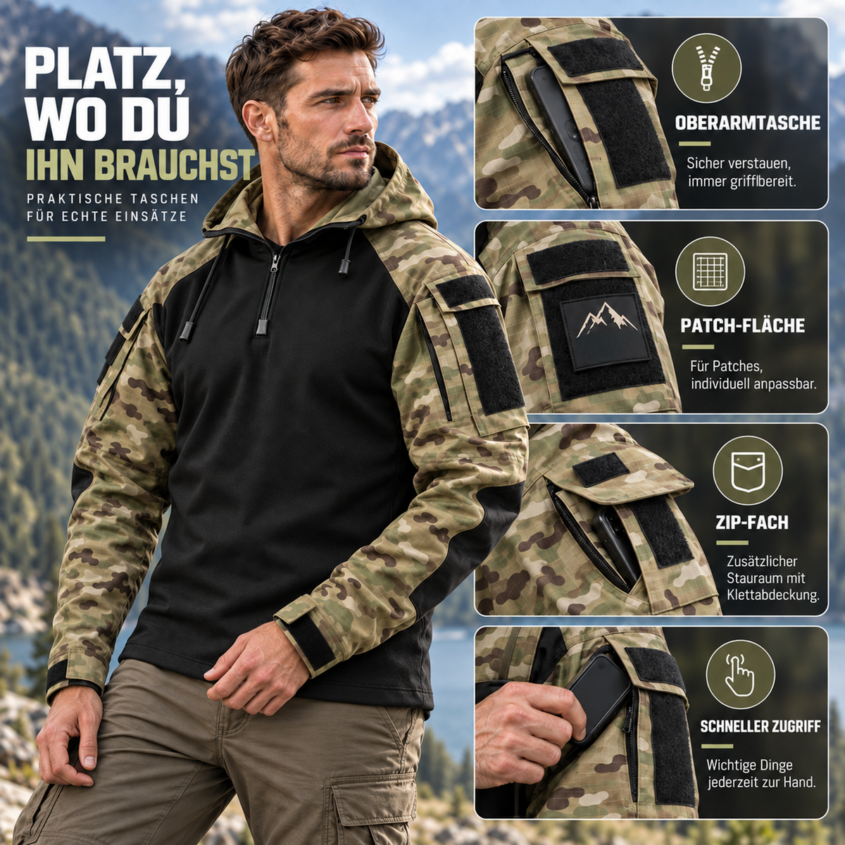 Water-Repellent Windproof Tactical Jacket for Men Outdoor Hiking Camping Everyday Wear Military Style Lightweight Polyester Coat