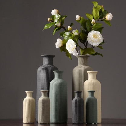 Tall Ceramic Vase with Ribbed Texture in Neutral Colors – Elegant Pottery Home Decor Accent