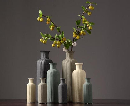 Tall Ceramic Vase with Ribbed Texture in Neutral Colors – Elegant Pottery Home Decor Accent
