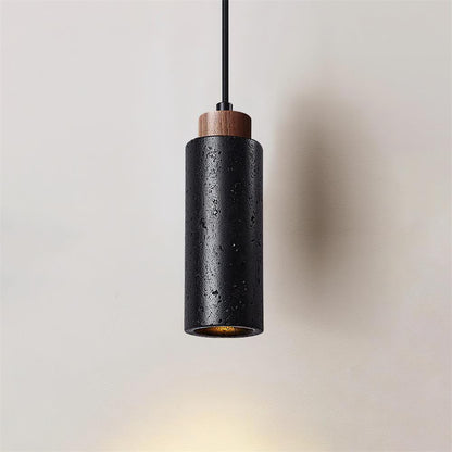 Stone Cylinder Hanging Fixture Natural Wood Accent LED Warm Glow Dining Room Kitchen Island Entryway Ceiling Light 10 inch Neutral Tone Mini