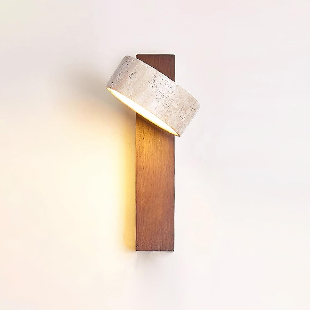 Travertine & Wood Wall Sconce – Modern Stone Shade Fixture with Angled Beam – Warm Sculptural Accent Light for Bedroom Living Room Hallway