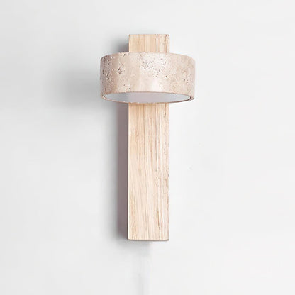 Travertine & Wood Wall Sconce – Modern Stone Shade Fixture with Angled Beam – Warm Sculptural Accent Light for Bedroom Living Room Hallway