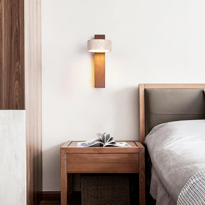 Travertine & Wood Wall Sconce – Modern Stone Shade Fixture with Angled Beam – Warm Sculptural Accent Light for Bedroom Living Room Hallway